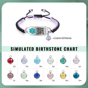 May include: A black and lavender braided bracelet with a silver ID tag featuring a medical symbol and a QR code. A small, round, purple birthstone charm hangs from the bracelet. The image also shows a simulated birthstone chart with various colored gems.