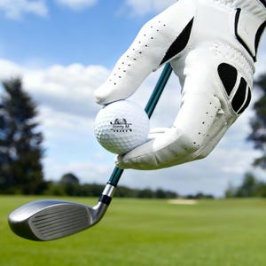 May include: A white golf ball with the text "Jonny M" and a logo is held by a gloved hand above a golf club. The golf club has a silver head and a green shaft. The background shows a green golf course and a blue sky.