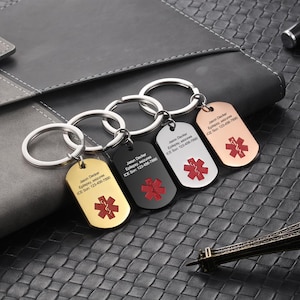 Porte-clés d'informations médicales,Pièce d'identité médicale personnalisée,Porte-clés personnalisé,Pièce d'identité médicale d'urgence,Porte-clés avec texte personnalisé,Cadeau pour papa,Pièce d'identité médicale unisexe