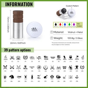 May include: A golf ball with a custom pattern and a wooden and metal golf ball marker. The marker is 2.83 inches tall and 0.87 inches wide. The golf ball weighs 3.56 ounces. There are 39 pattern options.