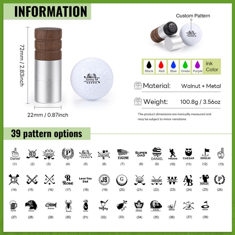 May include: A golf ball with a custom pattern and a wooden and metal golf ball marker. The marker is 2.83 inches tall and 0.87 inches wide. The golf ball weighs 3.56 ounces. There are 39 pattern options.