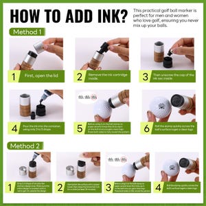 May include: A step-by-step guide on how to add ink to a golf ball marker. The instructions are displayed with images and text. The marker has a silver top and bottom with a cork-like middle section. The text reads "HOW TO ADD INK?"