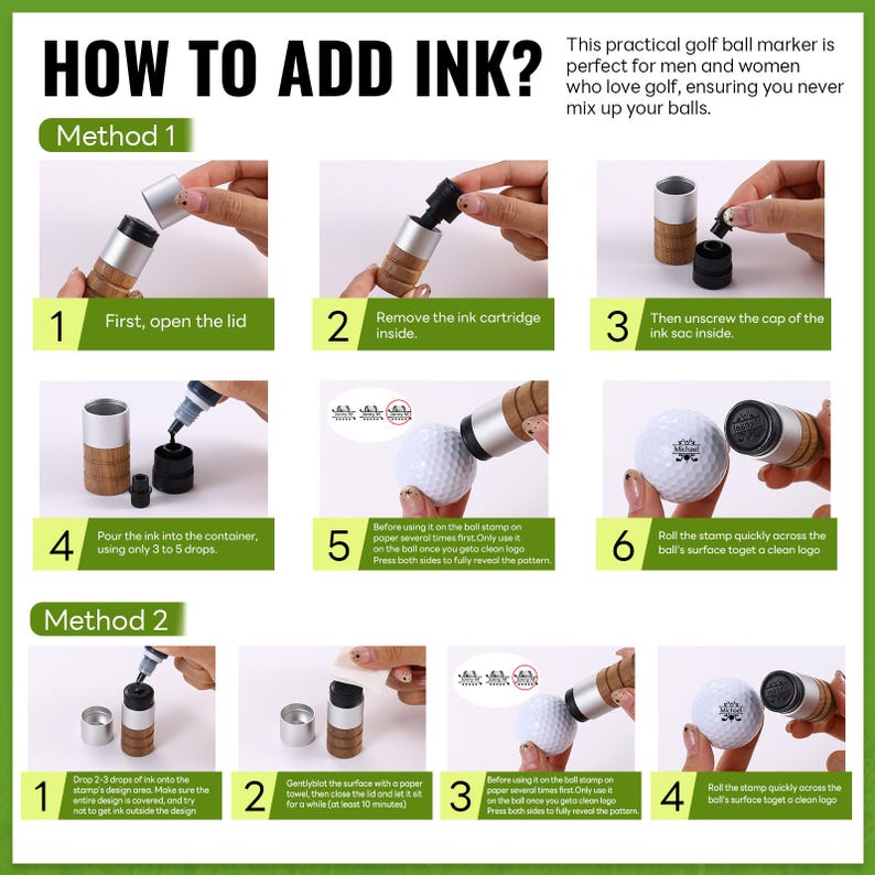 May include: A step-by-step guide on how to add ink to a golf ball marker. The instructions are displayed with images and text. The marker has a silver top and bottom with a cork-like middle section. The text reads "HOW TO ADD INK?"