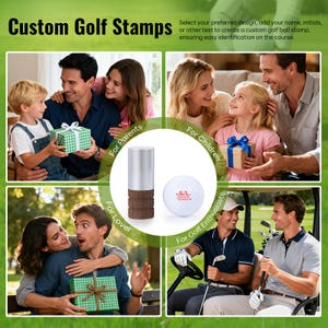 May include: Image of a custom golf stamp set. The set includes a silver and wood-toned stamp and a golf ball with a red logo. Text reads "Custom Golf Stamps" and "For Parents, Children, Lover, Golf Enthusiasts".