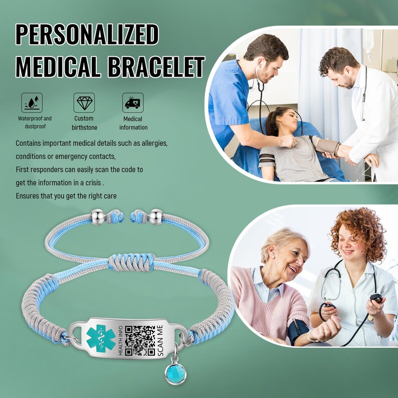 May include: A personalized medical bracelet with a blue and gray braided design. The bracelet features a metal plate with a medical symbol, QR code, and the text "HEALTH INFO SCAN ME". A turquoise charm hangs from the bracelet. The image also includes text that says "PERSONALIZED MEDICAL BRACELET".