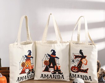 Halloween Tote Bag,Custom Name Initial,Gothic Tote Bag,Trick Or Treat,Canvas Tote Bag,Dark Academia Tote,Halloween For Kids,Candy Tote Bag