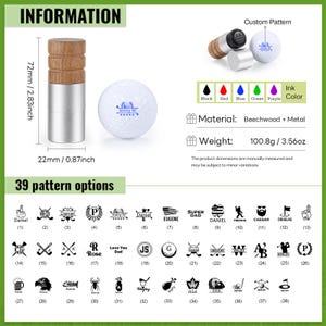 May include: A golf ball marking tool with a beechwood and metal construction. The tool is 2.83 inches (72mm) tall and 0.87 inches (22mm) wide. The image shows a golf ball and various custom pattern options, including names and symbols. The weight is 3.56oz (100.8g).