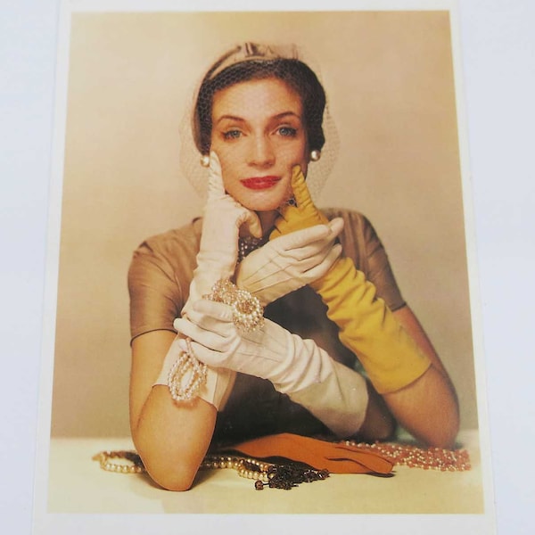 Erwin Blumenfeld Postcard, Fashion Photography, Pat Blake, 1947, 1940s Fashion Model in Gloves, Millinery, Red Lipstick, White Pearl Jewelry