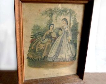 19th Century Vintage French Framed Fashion Costume Plate La Mode Illustree 1860s Paris Shabby Chic
