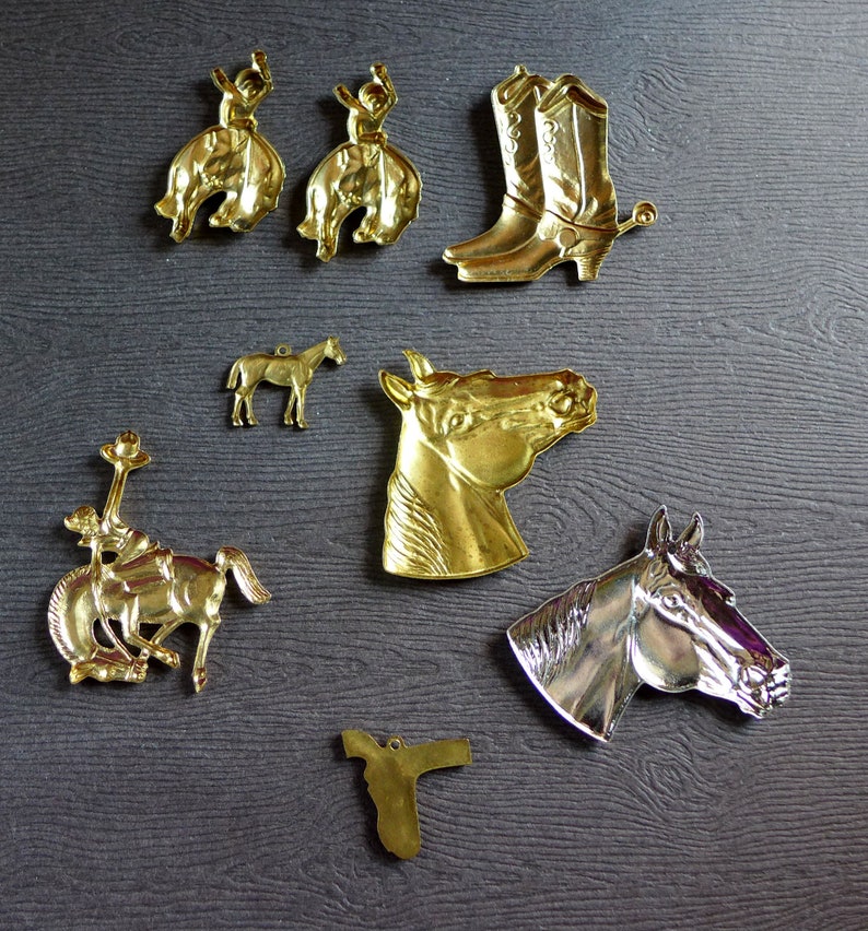 Western Themed Cowboy Horse Holster Boots Rider Brass Metal Stampings and Charms Lot of 22 for Jewelry Craft Embellishment Brass Stampings