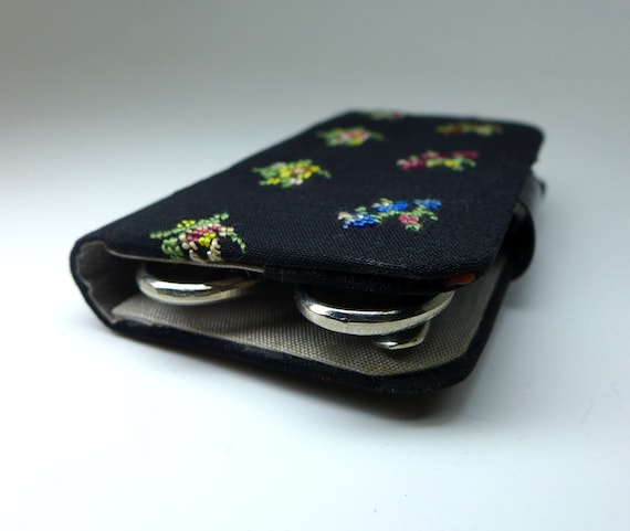 Black Petit Point Needlepoint Embroidered Travel Sewing and Nail Kit, W German Mini Toiletry Travel Case, Manicure Kit