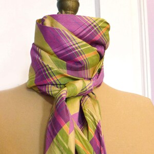 Long Silk Plaid Magenta Yellow Lime Scarf Cravat, Theatrical Stage Costume 19th Century Mens Tieable Cravat with Extra Fabric