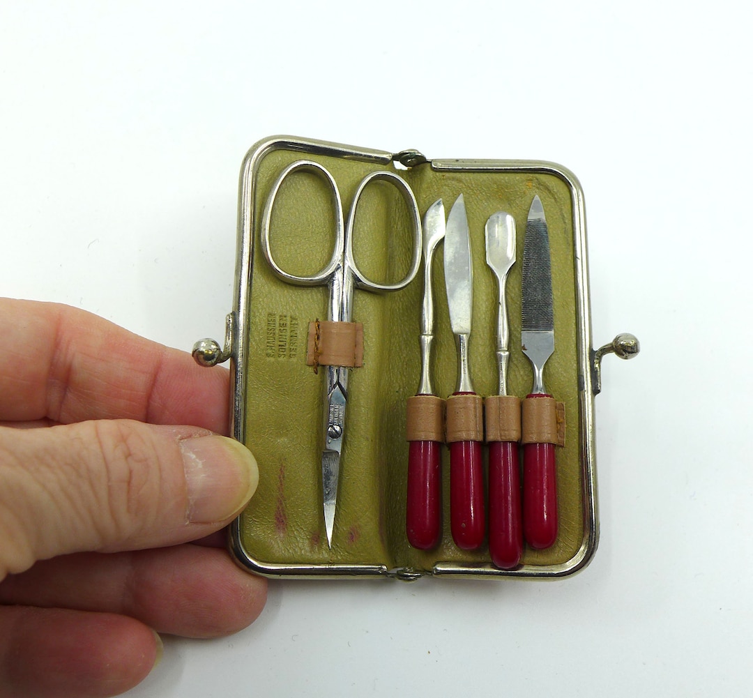 Adorable Vintage Mini Nail Kit for Travel or Purse, Red Leather Snap Purse Manicure Kit With