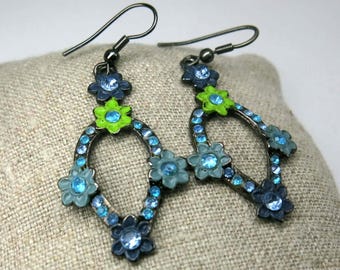 Dangly Vintage Blue Green Rhinestone Enamel Floral Earrings