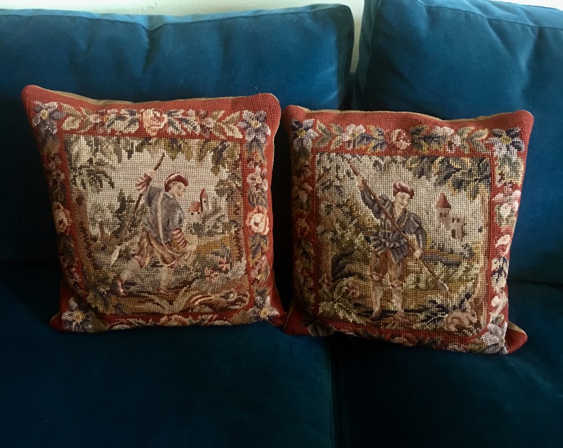 Vintage Pair Needlepoint Pillows French Pastoral Scene Farmer Etsy