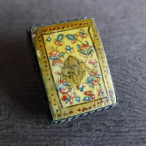 Vintage Hand Painted Pin, Yellow Gold Red Green Painted Floral Rectangle Ethnic Pin