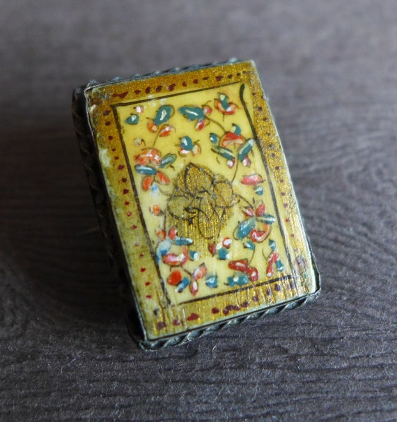 Vintage Hand Painted Pin, Yellow Gold Red Green P… - image 1