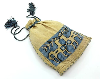 Antique Linen Arts and Crafts Embroidered Drawstring Bag, Teal Blue Cream Black Reindeer