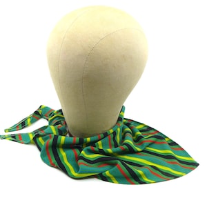 Vintage Striped Wool Knit Triangular Scarf, Emerald Green, Black, Hot Red, Yellow 1960s Mod Groovy Fall Head Neck Scarf Triangle Shape