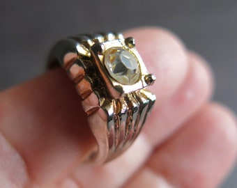 Vintage Men's Unisex Ring, Size 9 Silver Tone Gold Accents Fake Diamond, Showy Chunky Ring with Texture and Faux Diamond, Retro Mens Jewelry