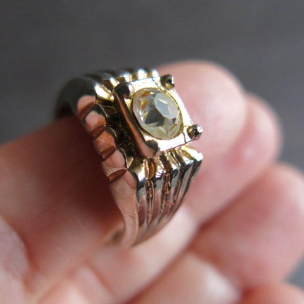 Vintage Men's Unisex Ring, Size 9 Silver Tone Gold Accents Fake Diamond, Showy Chunky Ring with Texture and Faux Diamond, Retro Mens Jewelry