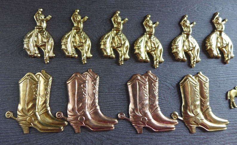 Western Themed Cowboy Horse Holster Boots Rider Brass Metal Stampings and Charms Lot of 22 for Jewelry Craft Embellishment Brass Stampings