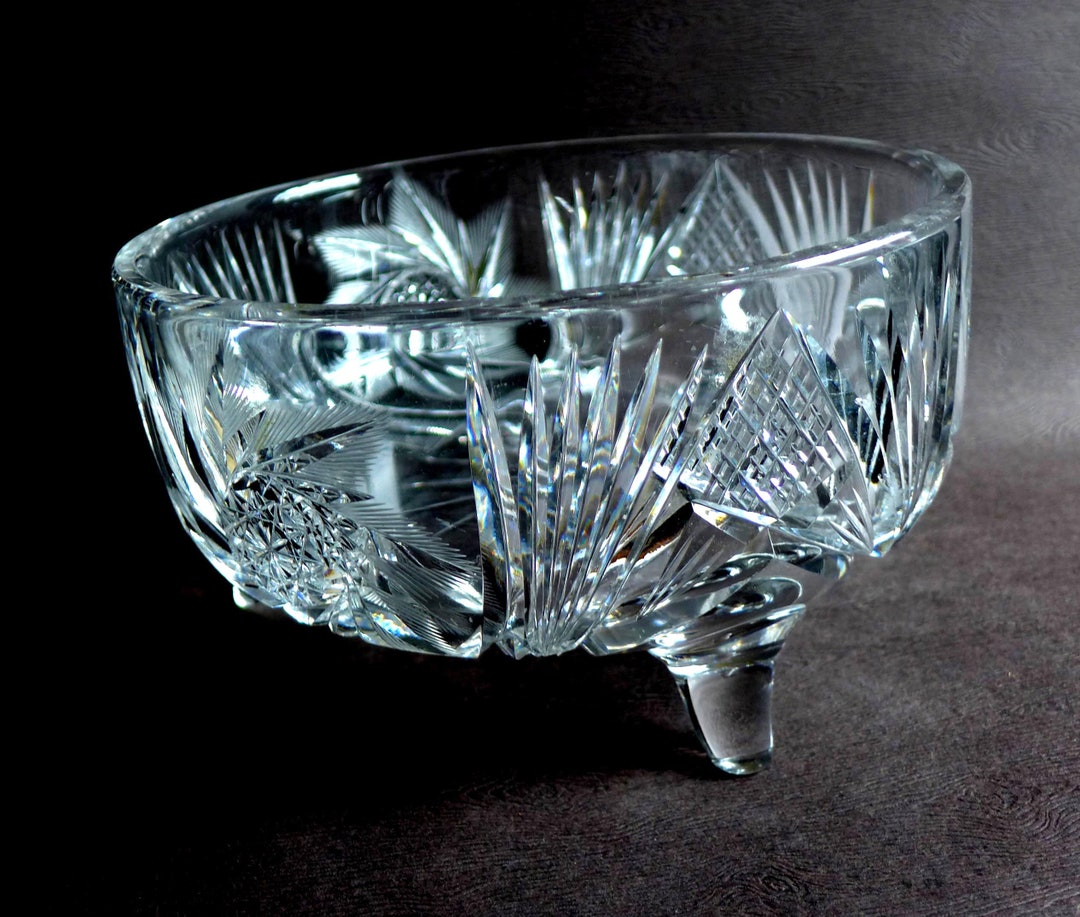 Vintage Cut Glass Footed Bowl Pinwheels Fans Star, Heavy Cut Glass