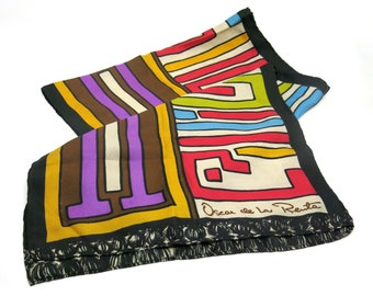 Vintage Oscar de la Renta Silk Geometric Scarf 1960s, Rectangular Bold Multicolor Print Stripes Squares, 15 x 55 Inches