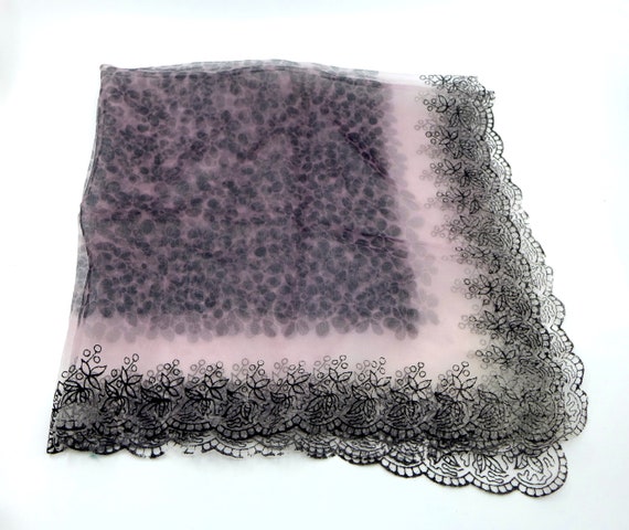 Vintage Nylon Lavender Black Sheer Scarf, 1960s 1… - image 2