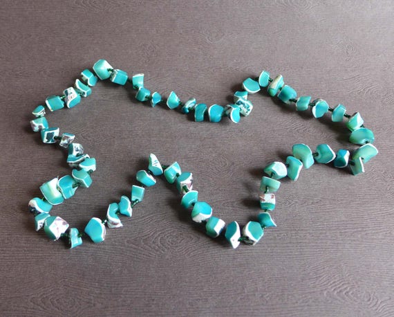 Vintage Teal Aqua Blue Shell Necklace, Bohemian H… - image 3