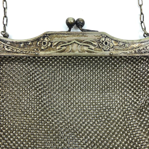 Antique German Silver Chain Mail Mesh Bag, Ornate Embossed Silver Frame Bag, Antique Purse