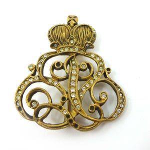 Vintage Signed De Nicola Gold Tone Crown Rhinestone Brooch Pin,