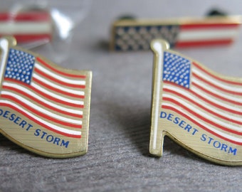 Lot of 4 Patriotic Lapel Pins, American Flag, Desert Storm Bar Pins, Military US Flag Pins, Red White Blue on Gold, Brass Metal.