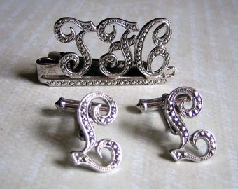 Sterling Silver Marcasite Initial Cufflinks Tie Bar Set, Fancy Vintage Initial Set Letters TFC Marcasite Sterling Silver