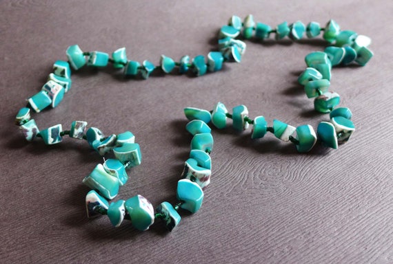 Vintage Teal Aqua Blue Shell Necklace, Bohemian H… - image 1