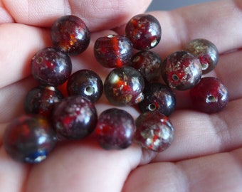 Vintage Dark Red Mottled Glass Beads 9-10mm, Translucent Red Clear Silver Glass Beads Made in India, Lot of 15, Sparkly Glass Beads