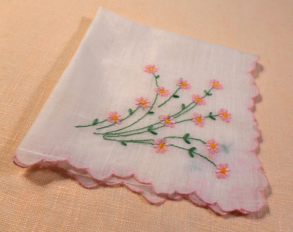 Vintage Women s Handkerchief White Background Pink Green Daisy
