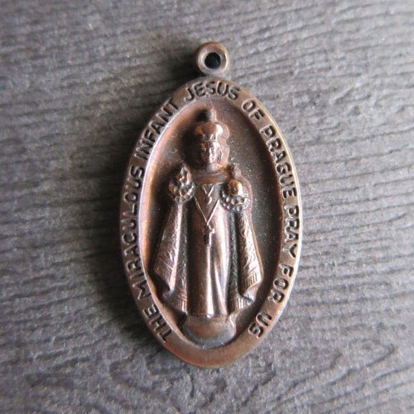 Vintage Infant of Prague Religious Medal Pendant Charm, Copper Plated Heavy Double Sided Saint Medal