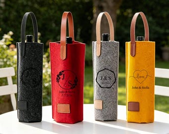 Personalized Felt Wine Tote Bag with Leather Handle,Reusable Wine Gift Bag,Wedding Anniversary Party Bridesmaid Gift