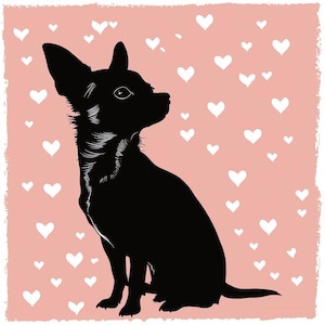 Puede incluir: Una silueta negra de un chihuahua sentado sobre un fondo rosa con corazones blancos esparcidos a su alrededor.