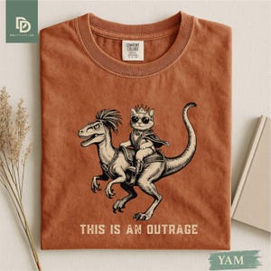 May include: A rust-colored t-shirt featuring a graphic of a cat wearing sunglasses and a crown, riding a dinosaur. The text "THIS IS AN OUTRAGE" is printed below the image. The shirt has a crew neck and short sleeves.