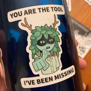 May include: A blue water bottle with two stickers. The top sticker reads "YOU ARE THE TOOL" and features a cartoon character with green leaves for hair and antlers. The bottom sticker says "I'VE BEEN MISSING".
