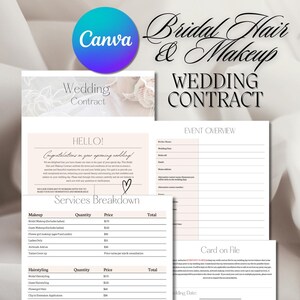 Op de afbeelding: Een sjabloon voor een huwelijkscontract met een roze en wit bloemenontwerp. Het contract bevat secties voor een overzicht van de gebeurtenis, de uitsplitsing van de diensten, de kaart op bestand en creditcardinformatie. De tekst "Huwelijkscontract" staat bovenaan de pagina.