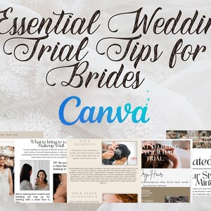 Puede incluir: Una plantilla de diseño de Canva con el texto "Essential Wedding Trial Tips for Brides" en una fuente cursiva. El diseño incluye varias imágenes de novias preparándose para su día de boda, incluyendo una novia que se arregla el pelo y el maquillaje, una novia que se prueba su vestido de novia y una novia que sostiene un ramo de flores.