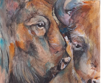 Two Bison print, bison print, bison painting, buffalo painting, watercolor buffalo, watercolor bison, wild buffalo, wild bison, bison farm