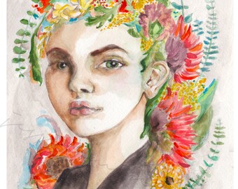Flora, floral painting, watercolor painting of flowers, floral watercolor, forest nymph, nymph, fairy, forest fairy, forest fairy, floral