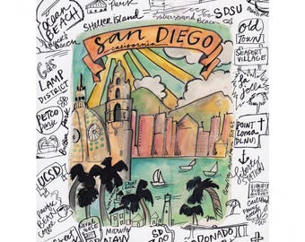 San Diego, san diego art, san diego print, san diego love, san diego gifts, san diego icons, san diego landmarks, san diego print SD