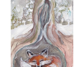 Sleeping Fox, fox in it's den, fox den, fox hole, sleeping fox in the snow, cozy fox