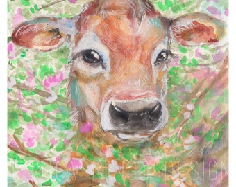 Jersey Cow in Cherry Blossoms, Little Cow painting, cow painting, watercolor cow, farm life, farm animals, farms, little cow, colorful cow,