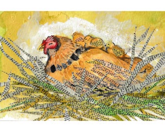 Proud Mama, chicken  and chick art, rooster artwork, chicken painting, rooster collage